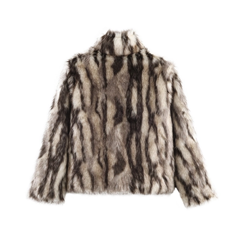 Damesjas Van Imitatiebont Gestreepte Harige Jas Lange Mouwen Opstaande Kraag Warme Herfst Winter Elegant