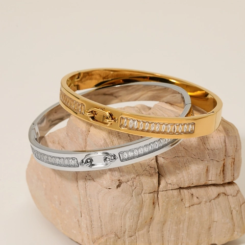 Luxus Edelstahl Armreif Für Damen Mit Baguette Zirkonia Kettenglied Schnalle Moderner Geometrischer Schmuck Hochwertig