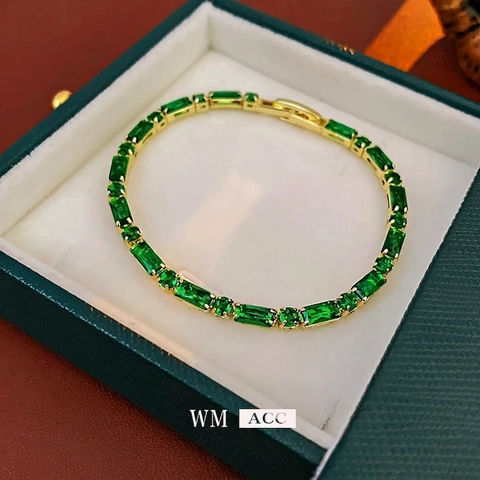 Smaragdgrünes Zirkon Armband Vergoldetes Kupfer Rechteckiger Rundschliff Tennis Link Elegant Luxus Damen Mode Schmuck