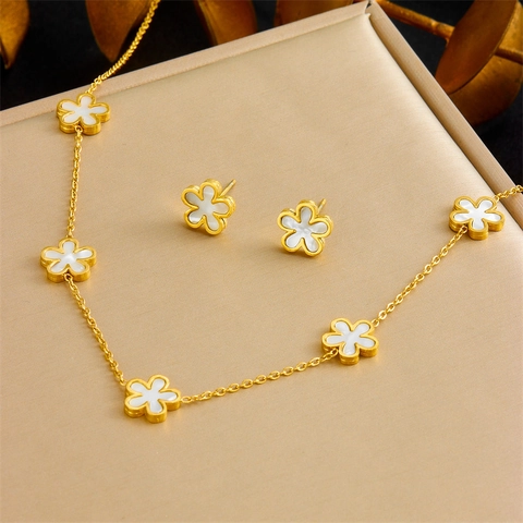 Collar Pendientes Pulsera De Acero Inoxidable Chapado En Oro Flor Blanca De Cinco Pétalos Joyas Elegantes Para Mujer