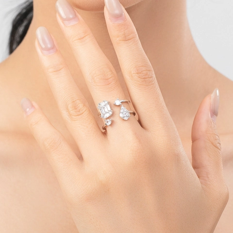 Anillo Abierto Geométrico de Doble Capa en Argento Sterling 925 Para Mujer Elegante Anillo Ajustable con Circonia en Forma de Gota