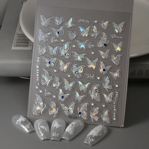 Adesivi Per Nail Art 5D Rilievo Laser Olografico Farfalla Fiore Impermeabile Autoadesivo Decorazione Manicure Per Donne