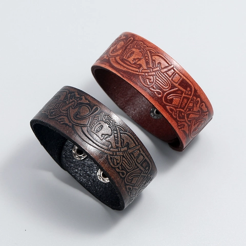 Bracelet En Cuir De Vachette Véritable Pour Hommes Rétro Motif Celtique Gaufré Punk Gothique Avec Boutons Pression En Fer