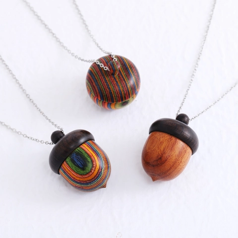 Acorn Pinecone Apple Wooden Pendant Necklace Stainless Steel Chain Handmade Natural Forest Style Fashion Jewelry For Women