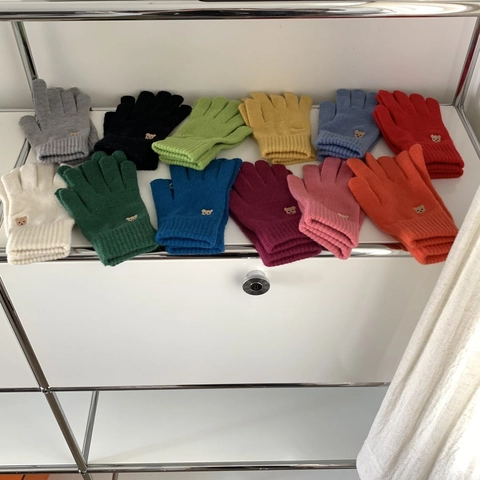 Guantes de Punto Bordados de Oso Coreano para Mujer Invierno Cálido Pantalla Táctil Sin Dedos Color Caramelo Acrílico