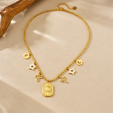 Collana In Acciaio Inossidabile Placcato Oro Vintage Ciondoli Sole Luna Stella Croce Gioielli A Catena Di Sfere Per Donna