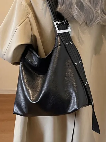 Women Large Tote Bag PU Leather Hobo Shoulder Bag Vintage Minimalist Solid Color Adjustable Wide Strap Commuter Handbag