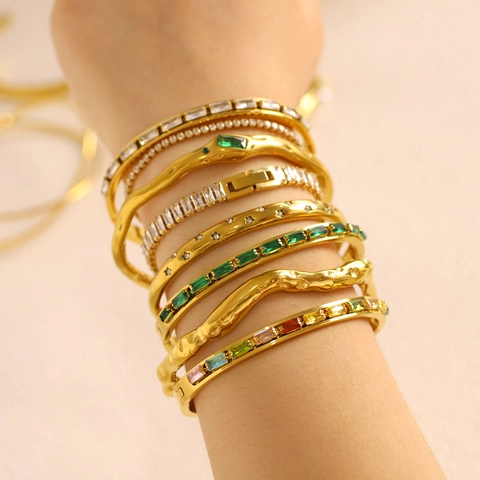 Edelstahl Armreif Armband 18K Vergoldet Zirkon Edelstein Künstliche Perle Wasserdicht Hypoallergen Mode Schmuck Für Damen