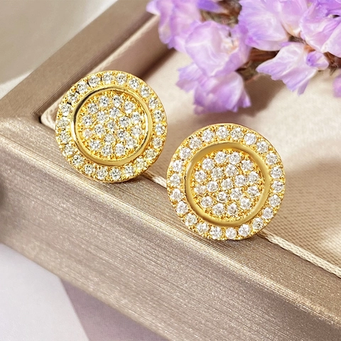 Pendientes de Botón Redondos de Circonia Micro Pavé Hip Hop para Mujer Joyería de Moda Elegante de Cobre Chapado en Oro Plata