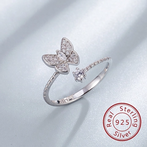 S925 Sterling Silber Schmetterling Offener Ring Mit Zirkonia Verstellbarer Fingerschmuck Für Frauen Elegant Minimalistisch
