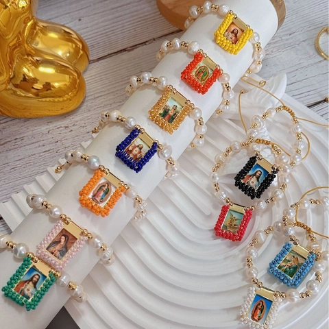 Zoetwaterparel Religieuze Armband Retro Handgeweven Meerkleurige Rocailles Heilige Portret Hanger Verstelbaar Sieraden