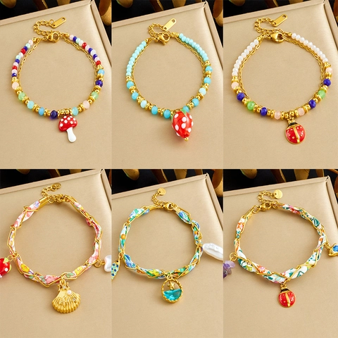 Stainless Steel Double Layer Bracelet For Women With Enamel Mushroom Strawberry Ladybug Pendants And Fabric Weave Chain