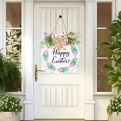 Buona Pasqua Targa In Legno Per Porta Decorazione Parete Welcome Coniglio Pulcino Uovo Ghirlanda In Rattan Per Casa