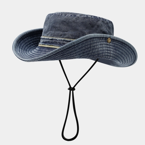 Cappello Alla Pescatora In Denim Di Cotone Lavato Vintage Tesa Larga Protezione Solare Campeggio Pesca Corda Antivento Uomo Donna