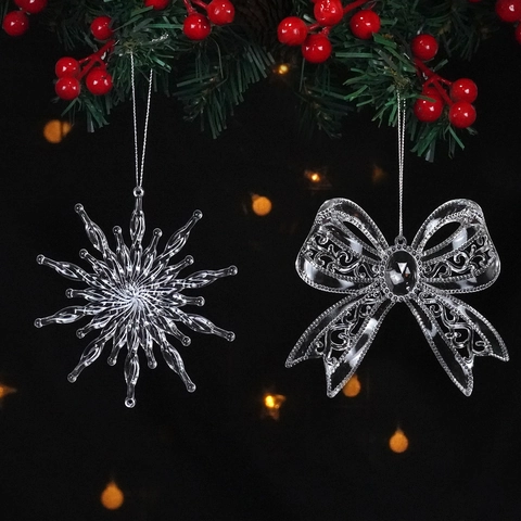 Clear Acrylic Christmas Tree Ornaments Hanging Pendants Snowflake Bow Icicle Design Festive Holiday Winter Home Decor