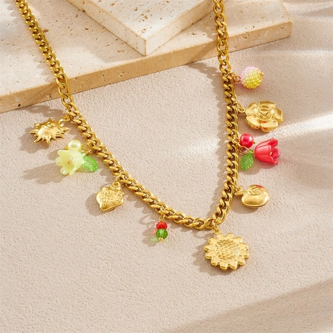 Collana E Bracciale In Acciaio Inossidabile Placcato Oro Con Ciondoli Girasole Fragola Mela Fiore Gioielli Per Donne