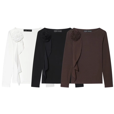 Women Long Sleeve T-Shirt Fabric Rose Flower Cascading Ruffle Polyester Ribbed Slim Fit Casual Streetwear Top