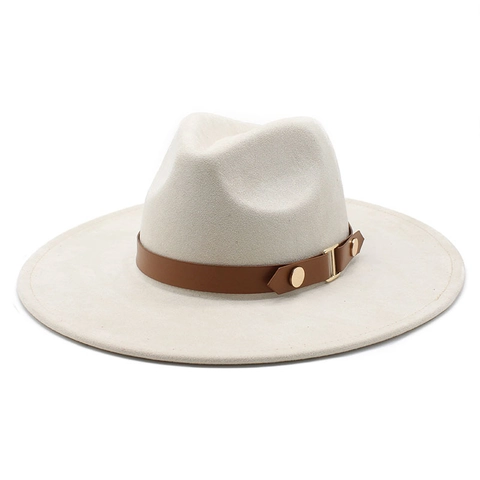 Fedora Hoed Brede Rand Suède Polyester Retro Jazz Hoed Met Leren Band En Metalen Gesp Voor Dames Herfst Winter