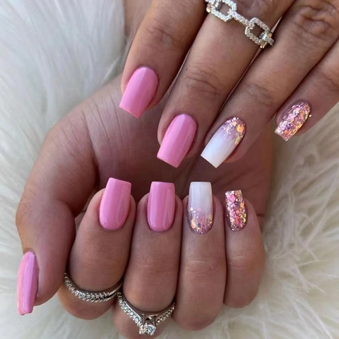 Uñas Postizas Cuadradas Degradado Rosa Con Purpurina Dulce Elegante Simple Uñas Artificiales Para Mujeres Uso Diario