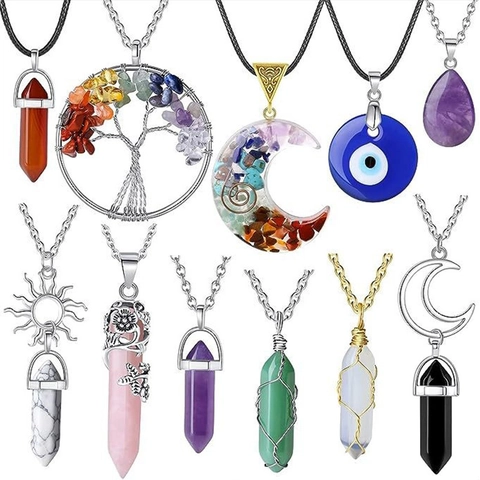 Natural Stone Hexagonal Column Crystal Pendant Necklace Set Retro Bohemian Moon Sun Evil Eye Healing Jewelry For Women Men
