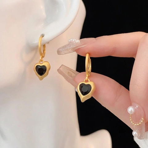 Vintage Hart Ring Oorbellen Legering Zwart Strass Retro Luxe Stijl Elegante Sieraden Voor Vrouwen Geometrisch Ontwerp
