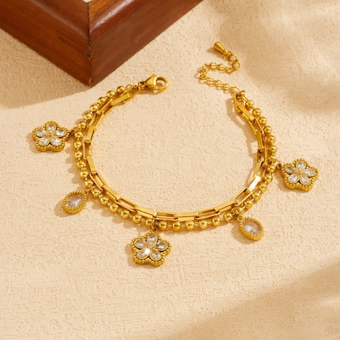 Layered Bracelet Stainless Steel Gold Plated Flower Oval Zircon Pendants Elegant Jewelry For Women