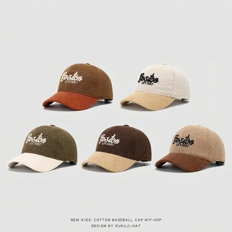 Kids Baseball Cap Cotton Corduroy Colorblock Letter Embroidery Hip Hop Adjustable Casual Sun Hat For Toddlers