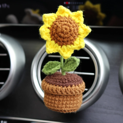 Handmade Crochet Car Air Vent Clip Potted Flower Ornament Yarn Sunflower Rose Daisy Auto Interior Decoration Cute