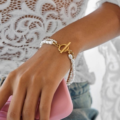 Double Layer Stainless Steel Bracelet With Imitation Artificial Pearl And Cubic Zirconia Elegant Gold Plated Toggle Clasp For Women