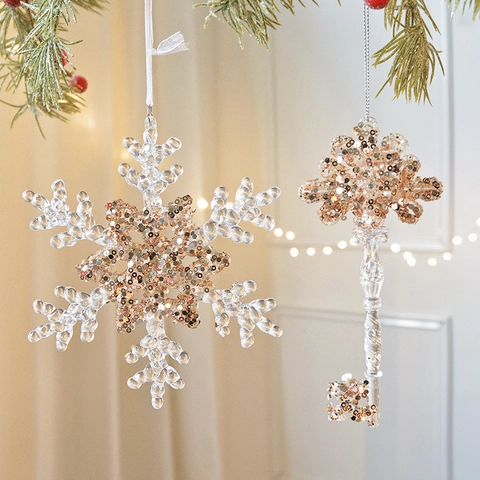 Decorazioni Natalizie Appese Acrilico Fiocco Di Neve Albero Ballerina Danza Chiave Con Paillettes Oro Trasparente