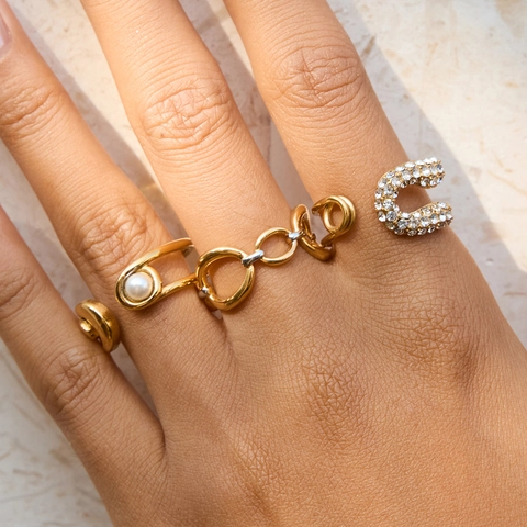 Paperclip Shape Open Ring 18K Gold Plated Stainless Steel With Artificial Pearl Geometric Minimalist Jewelry For Women