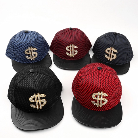 Cappello Da Baseball A Tesa Piatta Rete Traspirante Strass Segno Del Dollaro Hip Hop Snapback Per Uomo Donna Punk