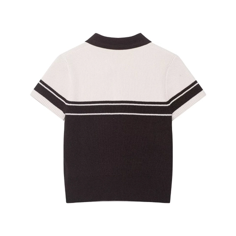 Dames Gebreide Polo Top Geribd Gestreepte Color Block Korte Mouw Amerikaanse Retro Street Style Licht Zacht Polyester