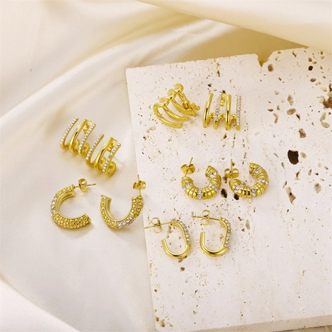 Fashion Gold Plated Stainless Steel Earrings Rhinestone Inlaid C Shape Studs Elegant Jewelry For Women