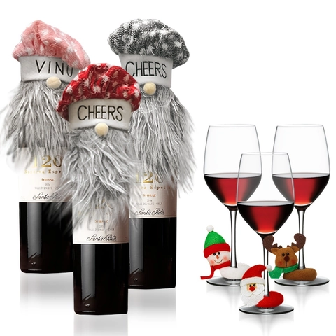 Cubierta Botella Vino Navidad Gnomo Gorro Punto Barba Piel Sintética Decoración