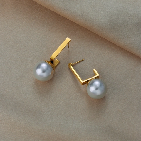 Geometric Artificial Pearl Drop Earrings 18K Gold Plated Titanium Steel Retro Minimalist Dangle Jewelry With Stainless Steel Earring Post