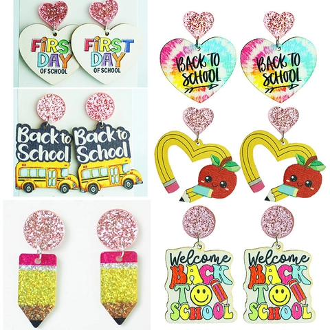 Back To School Dangle Earrings Wood Acrylic Glitter Pencil School Bus Apple Heart Jewelry For Teachers Students