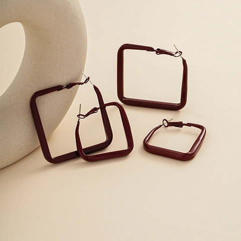 Orecchini A Cerchio Quadrati Vintage Metallo Laccato Geometrico Con Perno In Argento Gioielli Minimalisti Bordeaux Per Donne