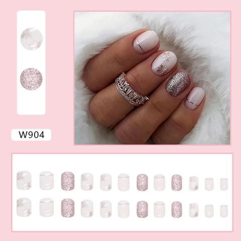 Short Square Press On Nails Winter Christmas Snowflake Silver Glitter Milk White Elegant Glossy False Nails For Women