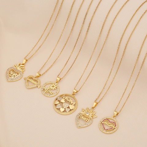 Mom Heart Pendant Necklace Gold Plated Stainless Steel Copper With Rhinestone Mama Lettering Jewelry Gift For Mother