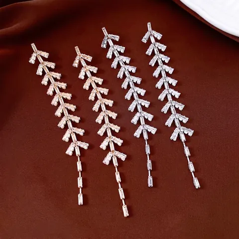 Orecchini Lunghi Pendenti Con Design Foglia Di Zircone Gioielli Di Moda Di Lusso Eleganti Per Donna Con Perno In Argento