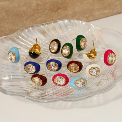 Vintage Oval Stud Earrings For Women Stainless Steel With Colorful Enamel And Cubic Zirconia Fashion Jewelry Gift