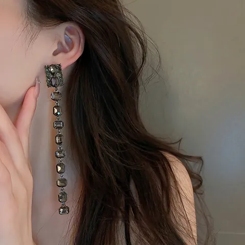 Long Square Tassel Drop Earrings For Women Geometric Black Rhinestone Alloy Jewelry With Silver Earring Post Vintage