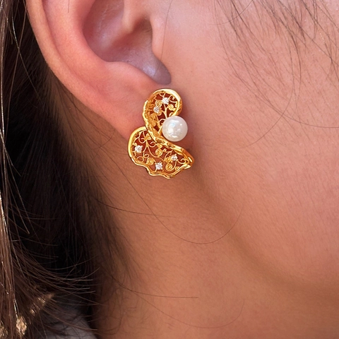 Orecchini A Lobo Con Künstliche Perle A Fiore Traforato Con Intarsio Di Zirconi Gioielli Vintage Francesi Con Perno In Argento Per Donne