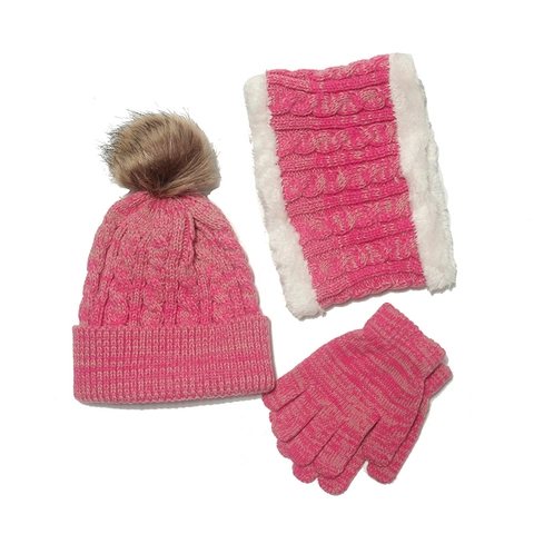 Kids Winter Knitted Hat Scarf And Gloves Acrylic Fleece Lined Faux Fur Pom Pom Warm Outdoor Casual Boys Girls