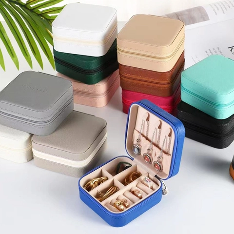 Portable Jewelry Organizer PU Leather Travel Storage Case For Earring Necklace Ring Zippered Mini Display Box