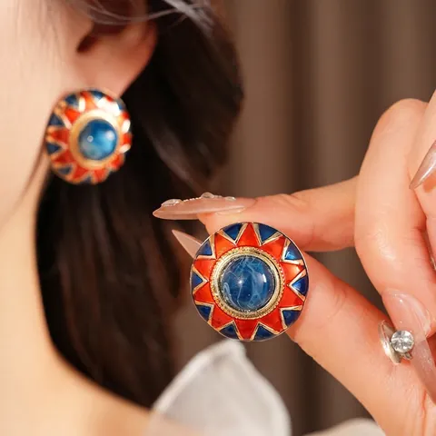 Boucles D'oreilles Vintage Rondes En Émail Alliage Résine Bijoux Avec Tige En Argent Style Ethnique Rétro