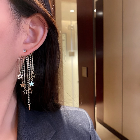 Pendientes Largos Borlas Estrellas Con Aleación Diamantes Imitación Y Poste Plata Ley 925 Elegante Mujer