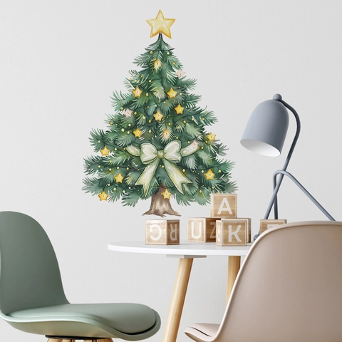 Pegatina De Pared Árbol De Navidad PVC Estilo Acuarela Estrellas Lazo Calcomanías Para Sala Dormitorio Decoración Festiva