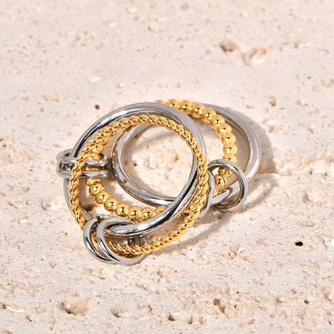 Fashion Interlocking Rings For Women Stainless Steel 18K Gold Plated Stacked Mixed Textures Twisted Beaded Two Tone Geometric